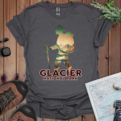 Glacier National Park hiker graphic t-shirt detail or alternate product view