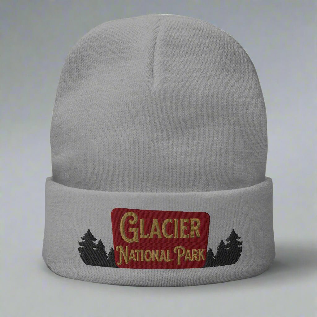 Glacier National Park sign embroidered beanie shown in lifestyle or modeled setting