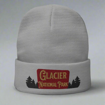 Glacier National Park sign embroidered beanie shown in lifestyle or modeled setting