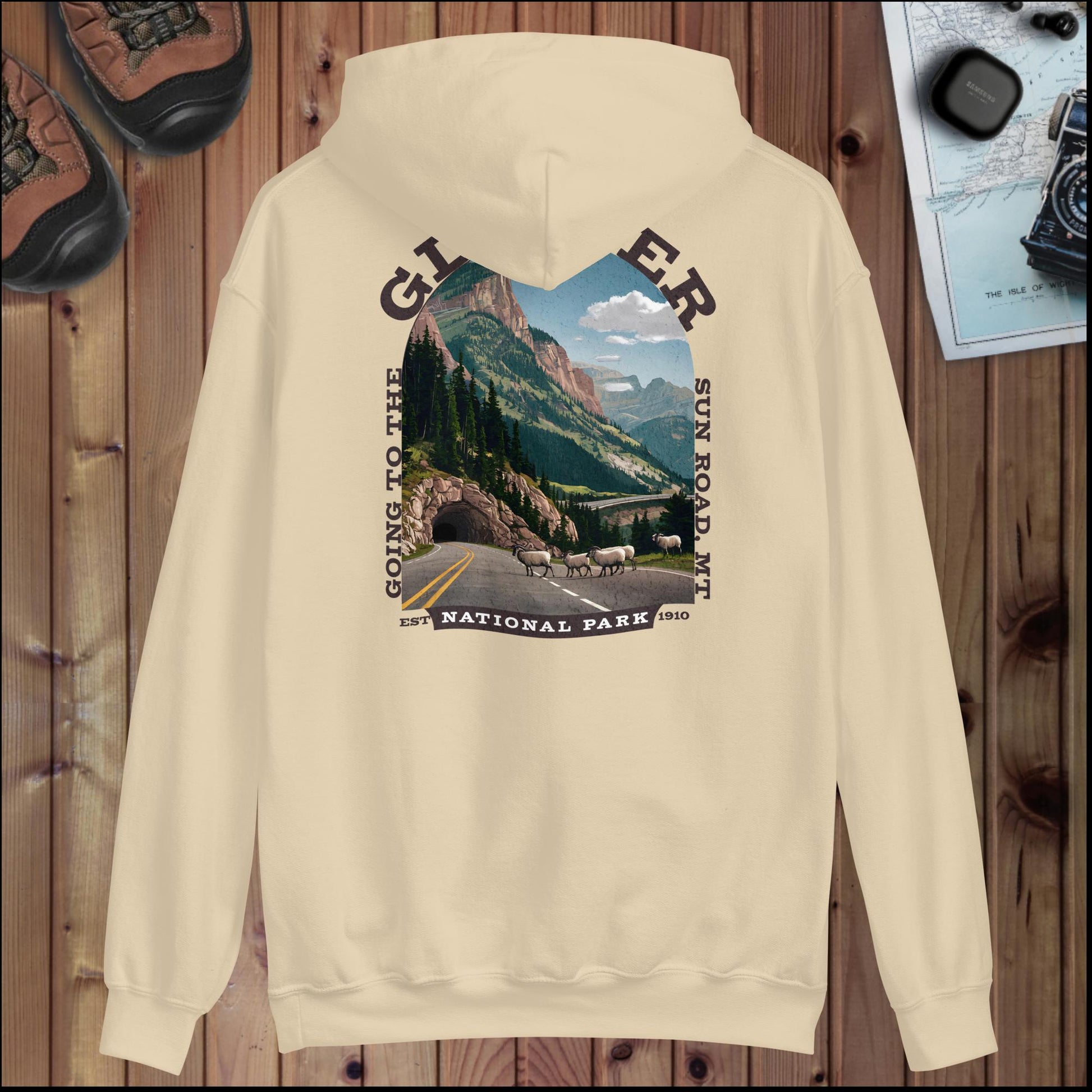 Glacier National Park sign hoodie with Sun Road back design detail or alternate product view
