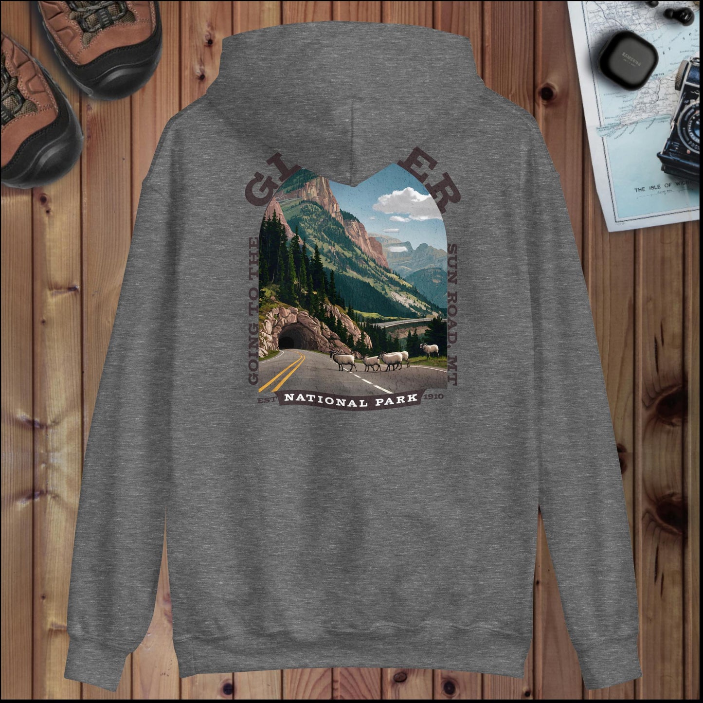 Glacier National Park sign hoodie with Sun Road back design detail or alternate product view