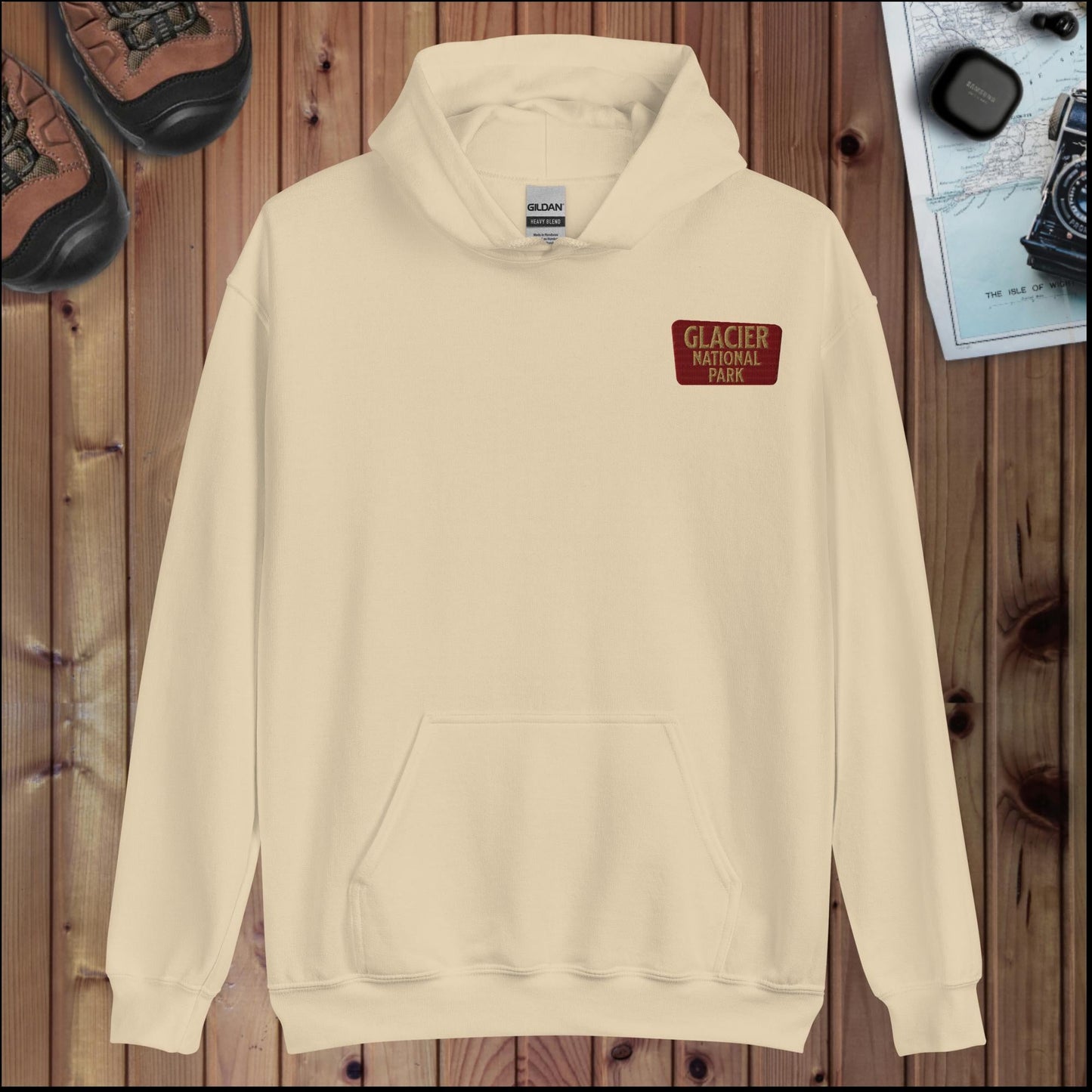 Glacier National Park sign hoodie with Sun Road back design alternate apparel color or product angle