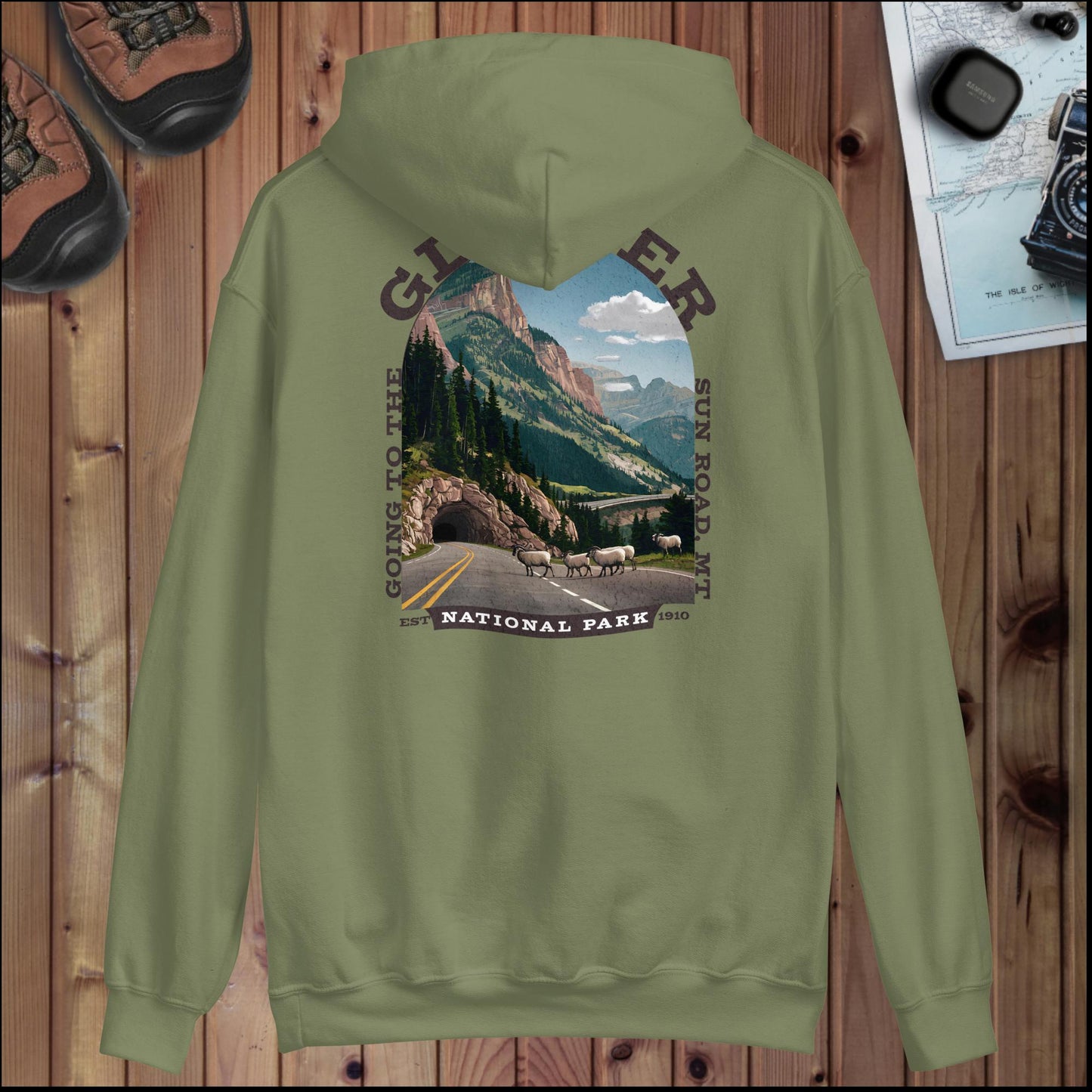 Glacier National Park sign hoodie with Sun Road back design detail or alternate product view