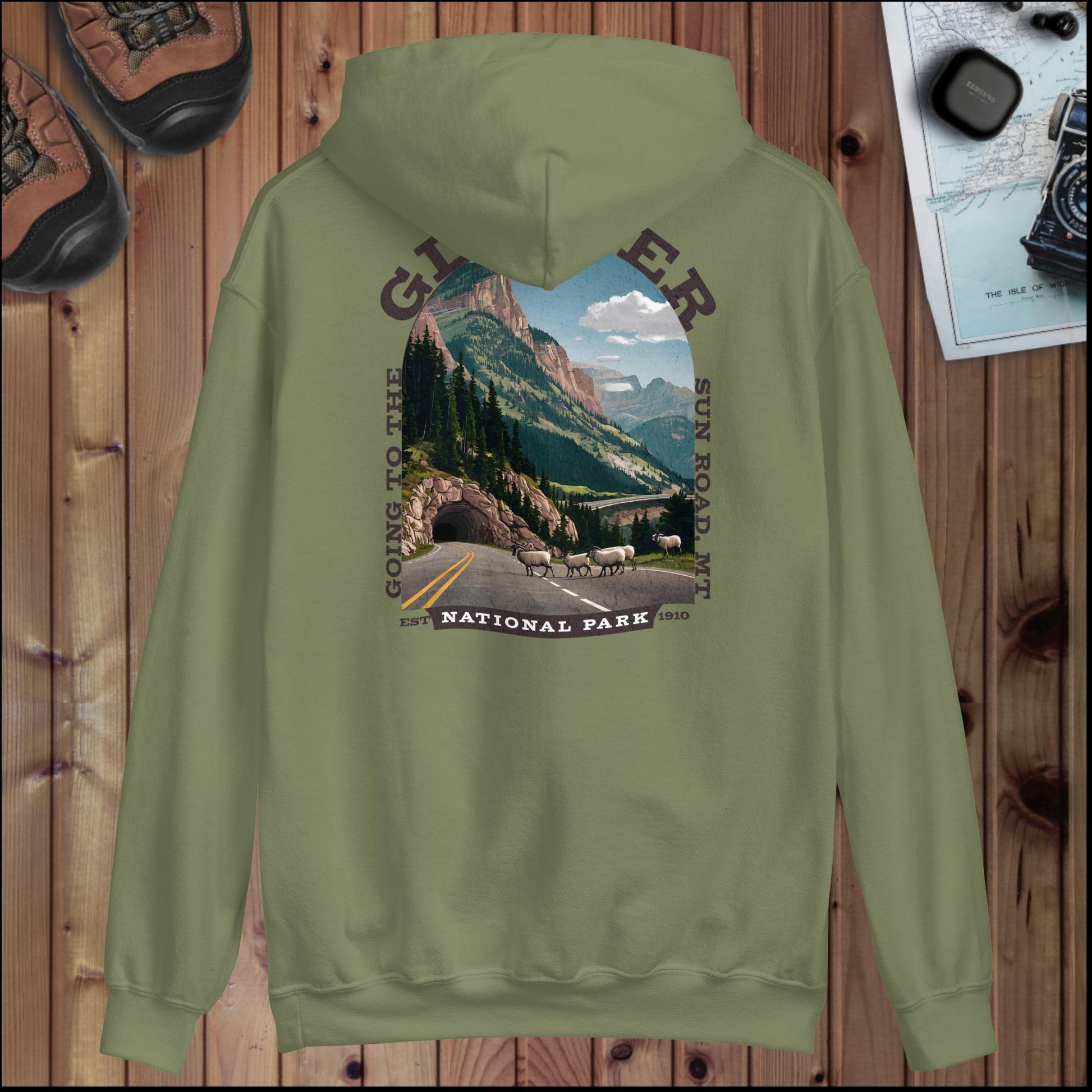 Glacier National Park sign hoodie with Sun Road back design detail or alternate product view