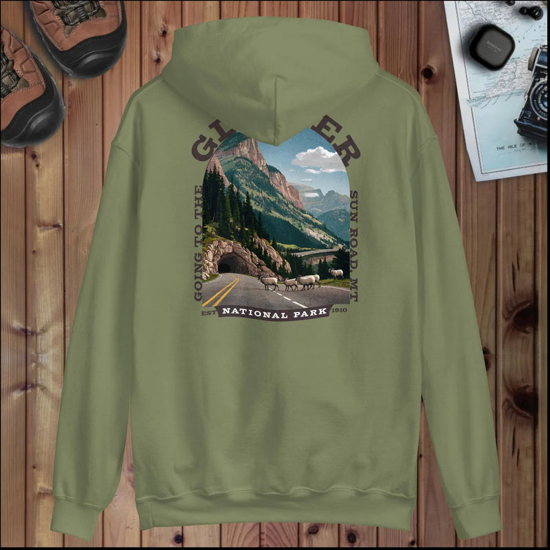 Glacier National Park sign hoodie with Sun Road back design detail or alternate product view