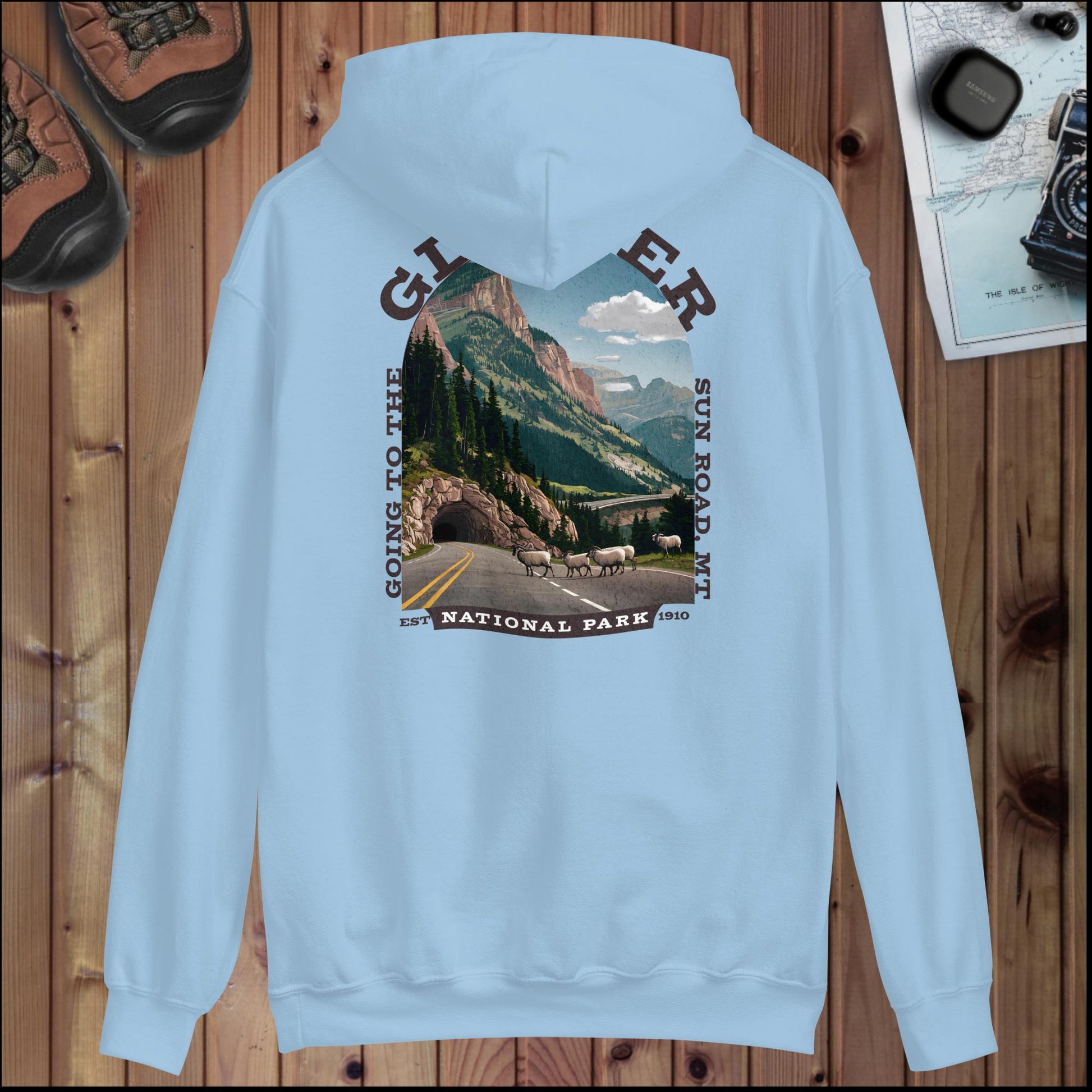 Glacier National Park sign hoodie with Sun Road back design detail or alternate product view