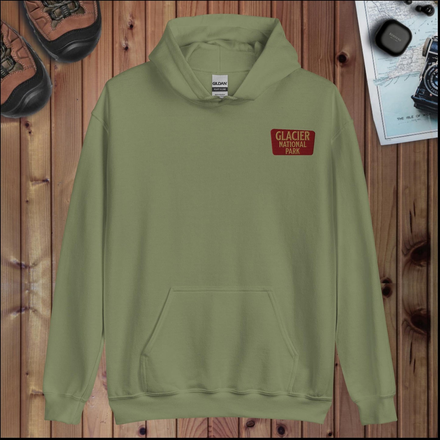 Glacier National Park sign hoodie with Sun Road back design shown in lifestyle or modeled setting