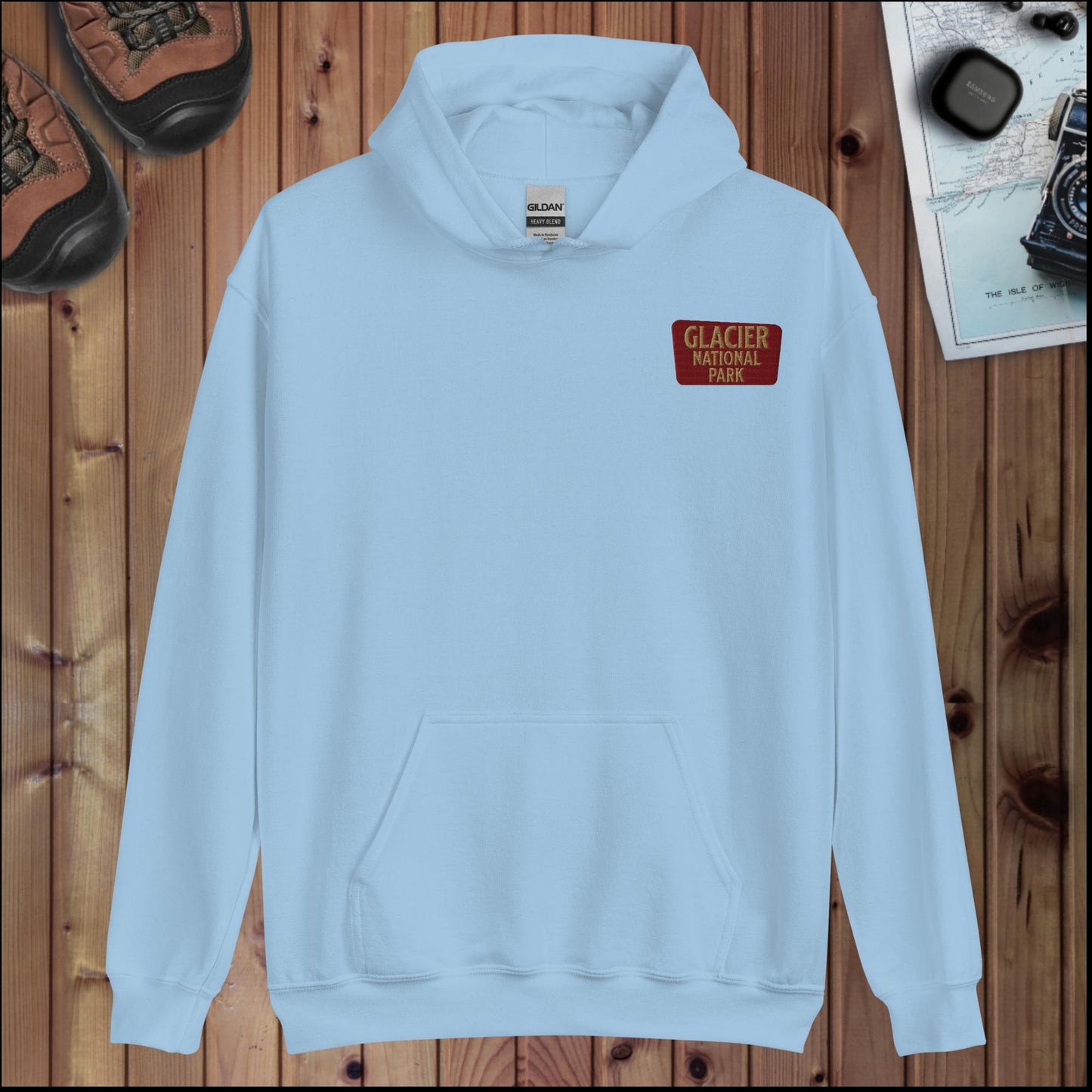 Glacier National Park sign hoodie with Sun Road back design alternate apparel color or product angle