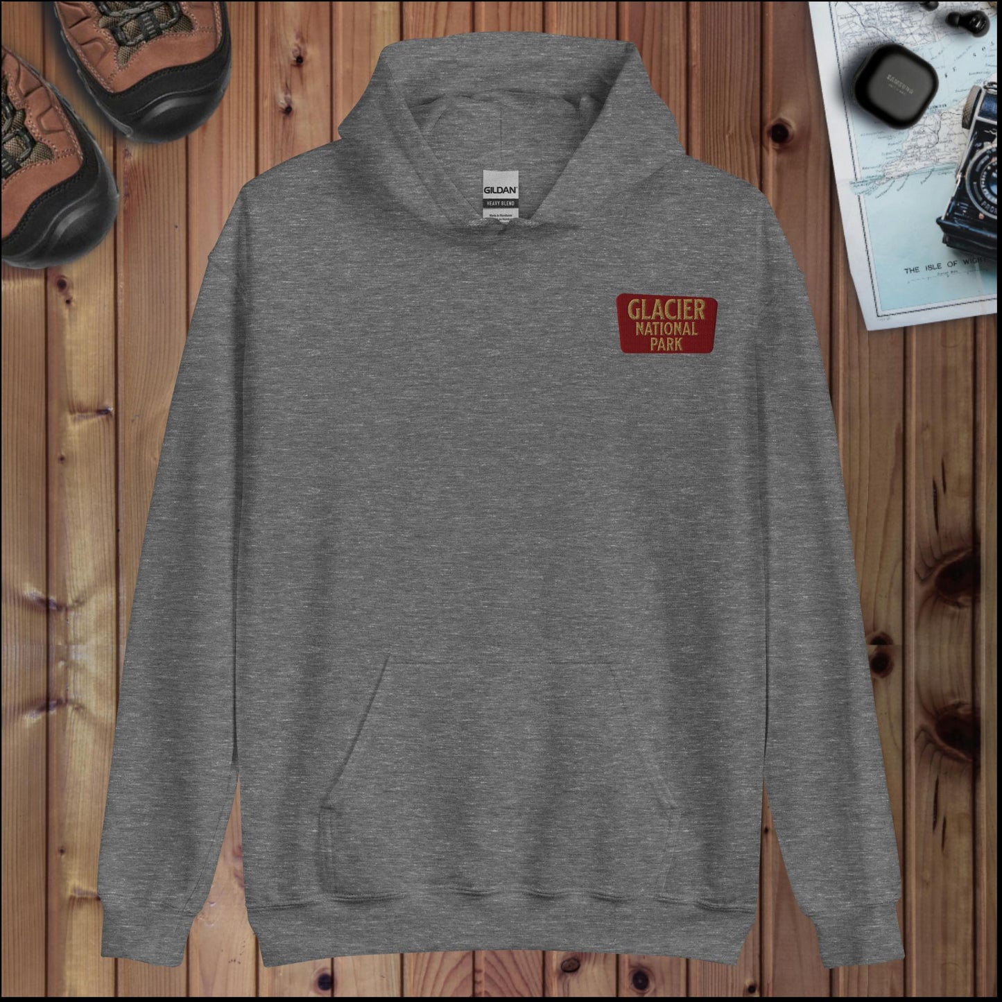 Glacier National Park sign hoodie with Sun Road back design alternate apparel color or product angle