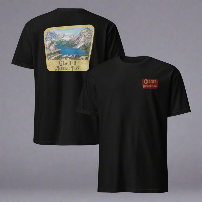 Glacier National Park sign embroidered unisex t-shirt shown in lifestyle or modeled setting