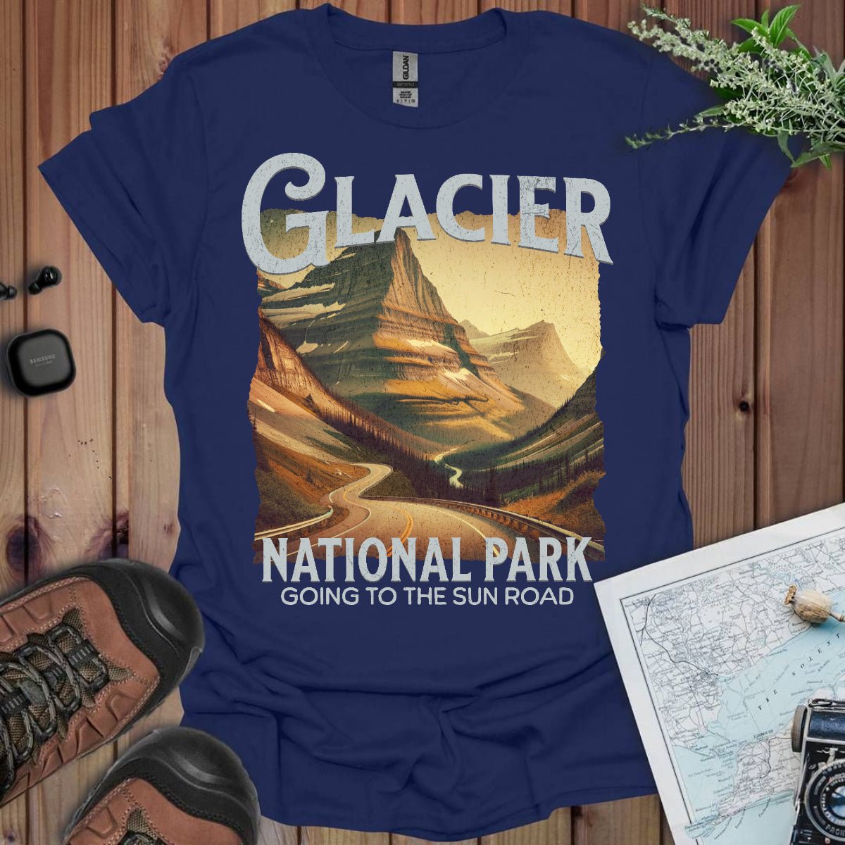Glacier National Park Going-to-the-Sun Road rustic graphic t-shirt shown from alternate product angle