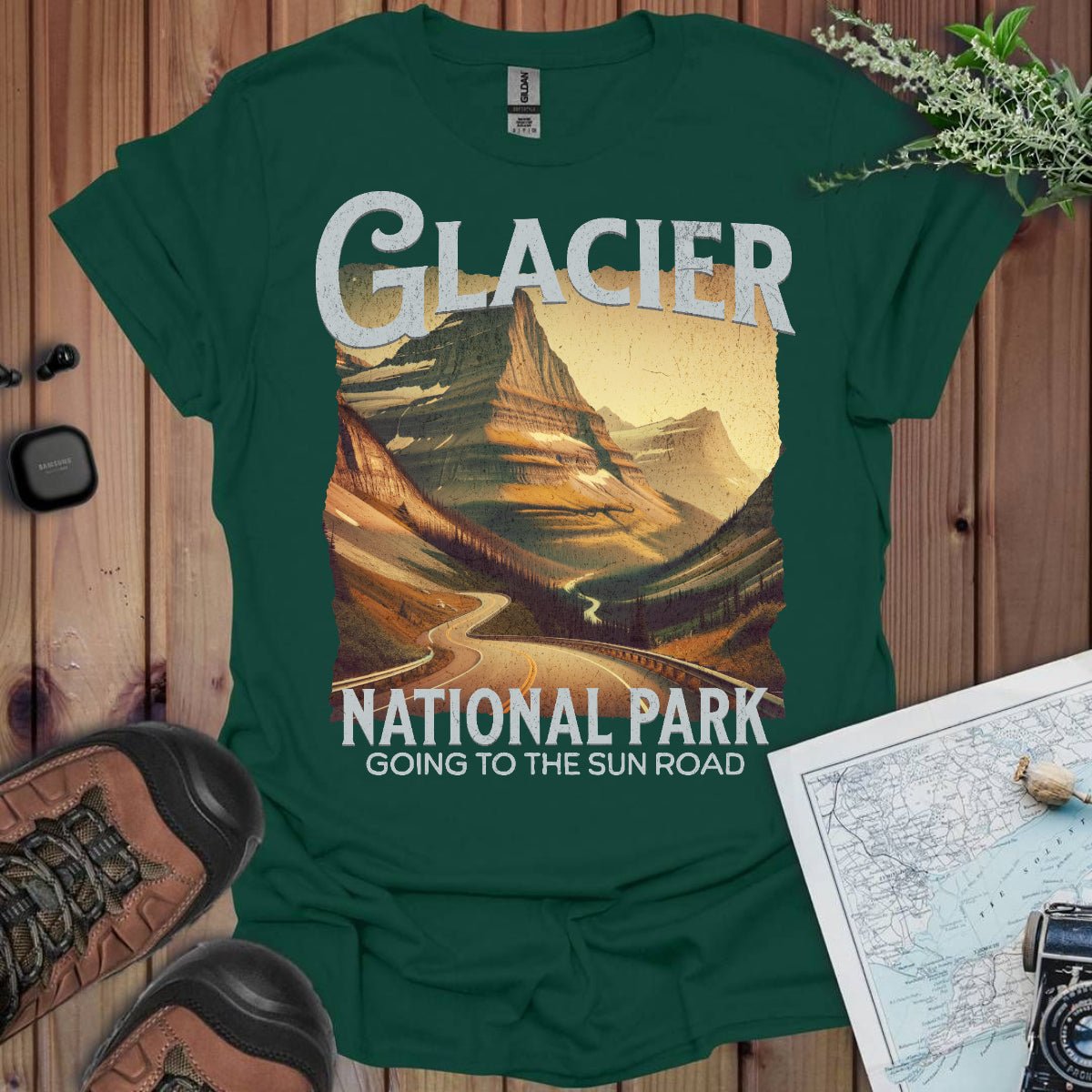 Glacier National Park Going-to-the-Sun Road rustic graphic t-shirt shown from alternate product angle