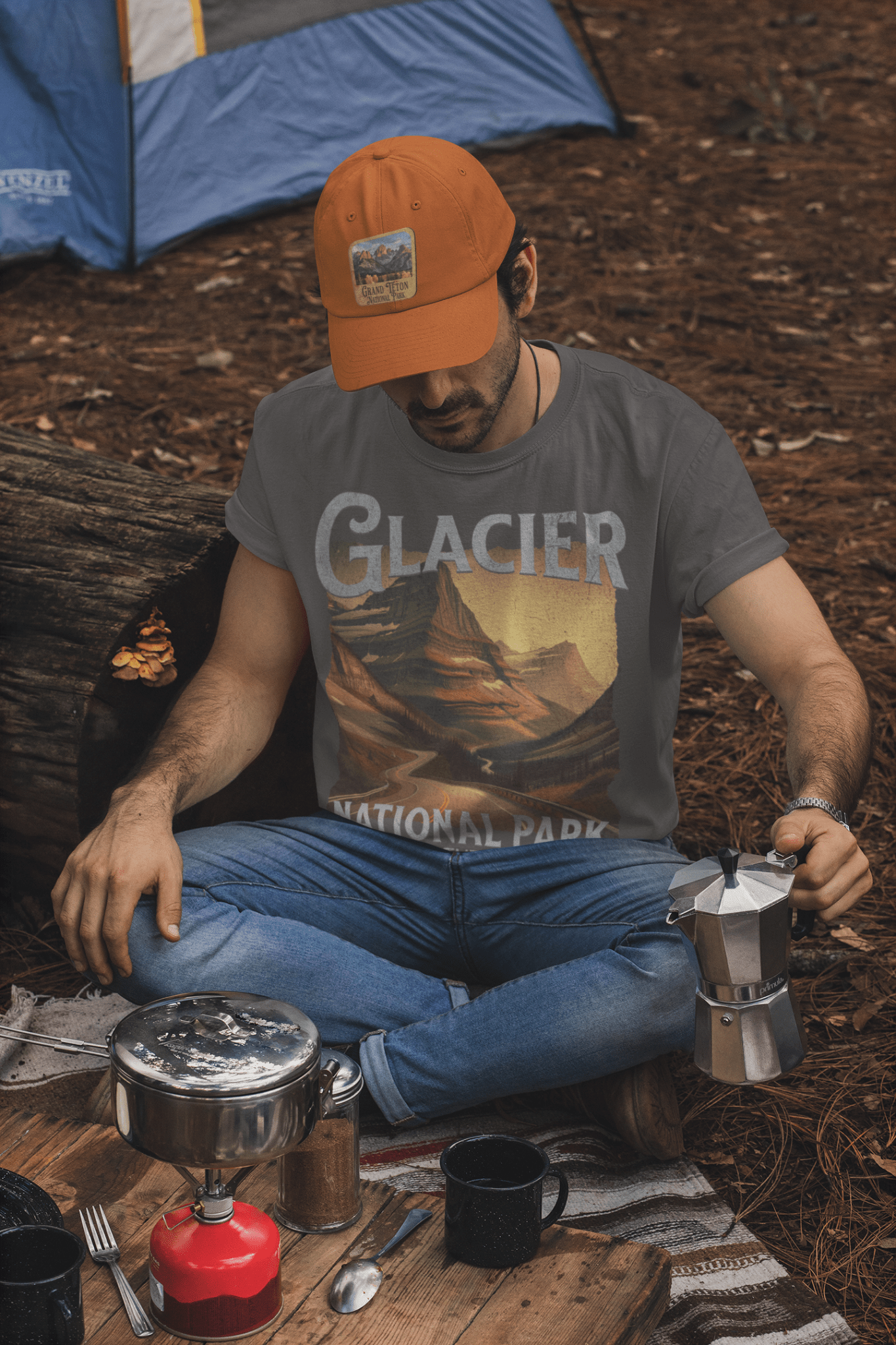 Glacier National Park Going-to-the-Sun Road rustic graphic t-shirt shown in lifestyle or modeled setting