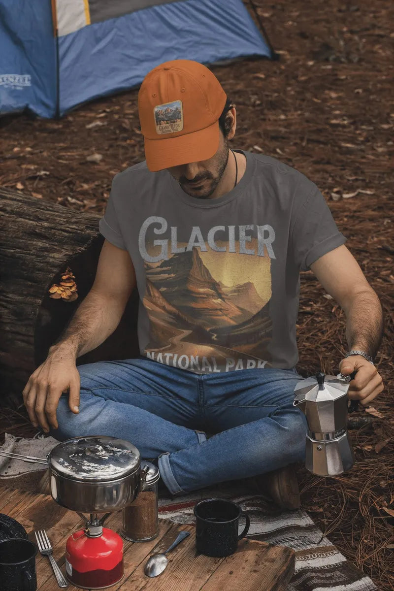 Glacier National Park Going-to-the-Sun Road rustic graphic t-shirt shown in lifestyle or modeled setting