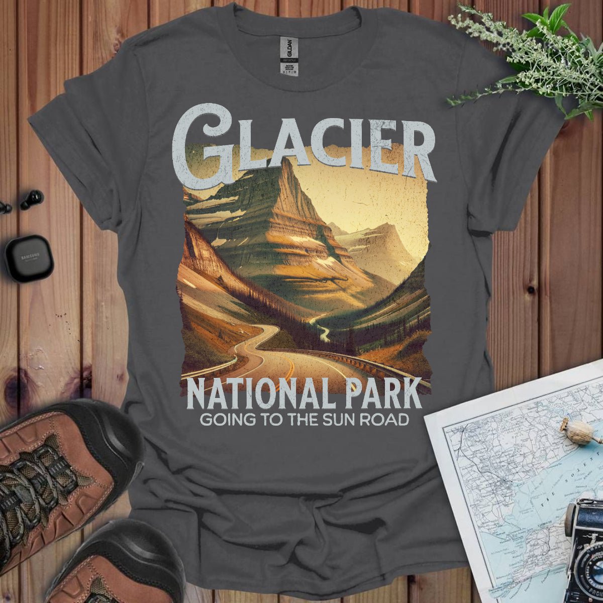 Glacier National Park Going-to-the-Sun Road rustic graphic t-shirt shown in lifestyle or modeled setting