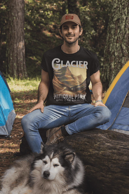 Glacier National Park Going-to-the-Sun Road rustic graphic t-shirt shown from alternate product angle