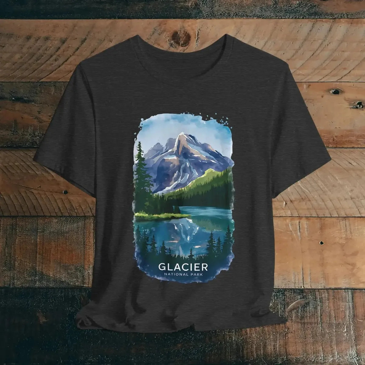 Glacier National Park watercolor style graphic t-shirt shown in lifestyle or modeled setting