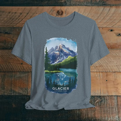 Glacier National Park watercolor style graphic t-shirt shown in alternate apparel color