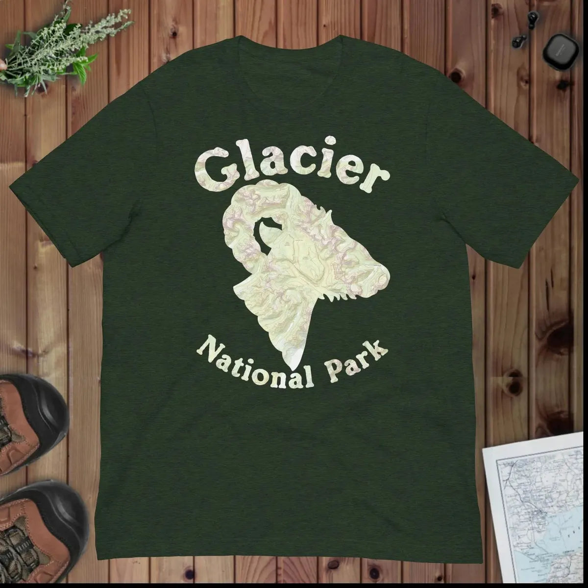 Glacier National Park topo horned sheep t-shirt detail or alternate product view