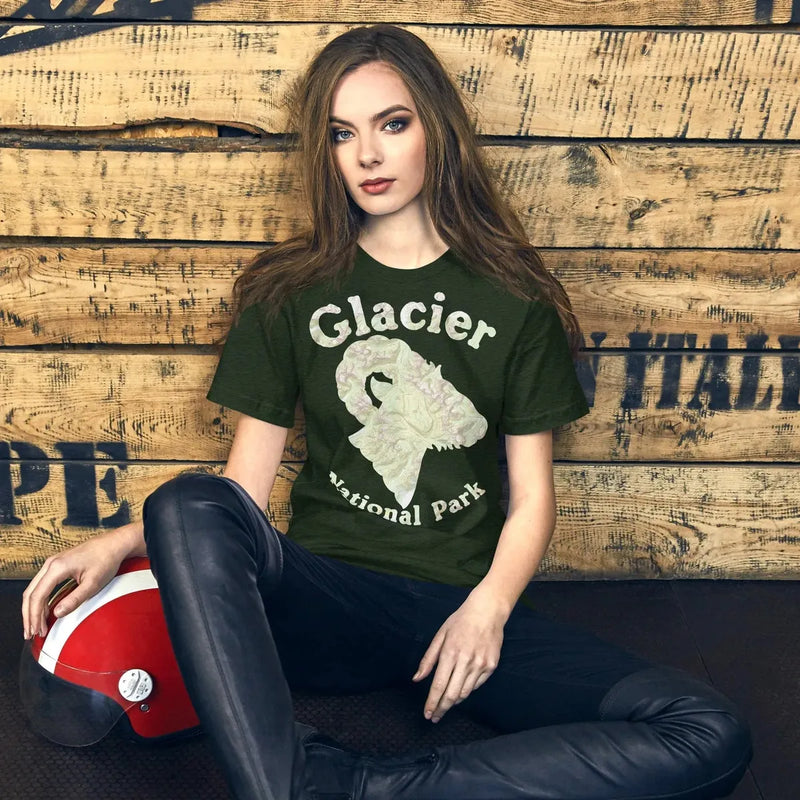 Glacier National Park topo horned sheep t-shirt detail or alternate product view