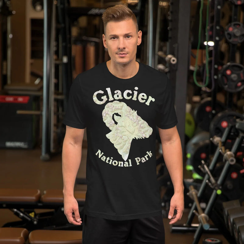 Glacier National Park topo horned sheep t-shirt shown in lifestyle or modeled setting