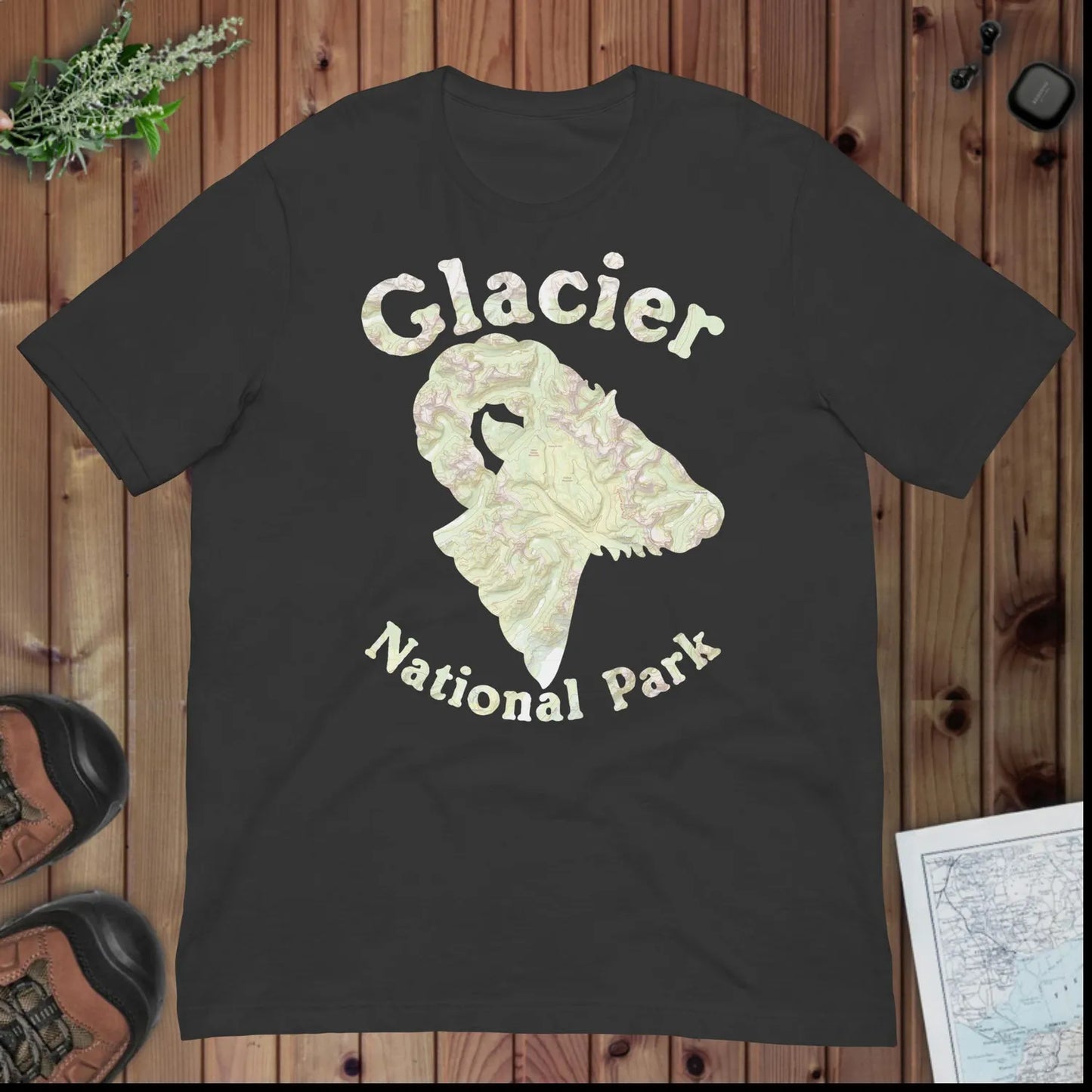 Glacier National Park topo horned sheep t-shirt detail or alternate product view