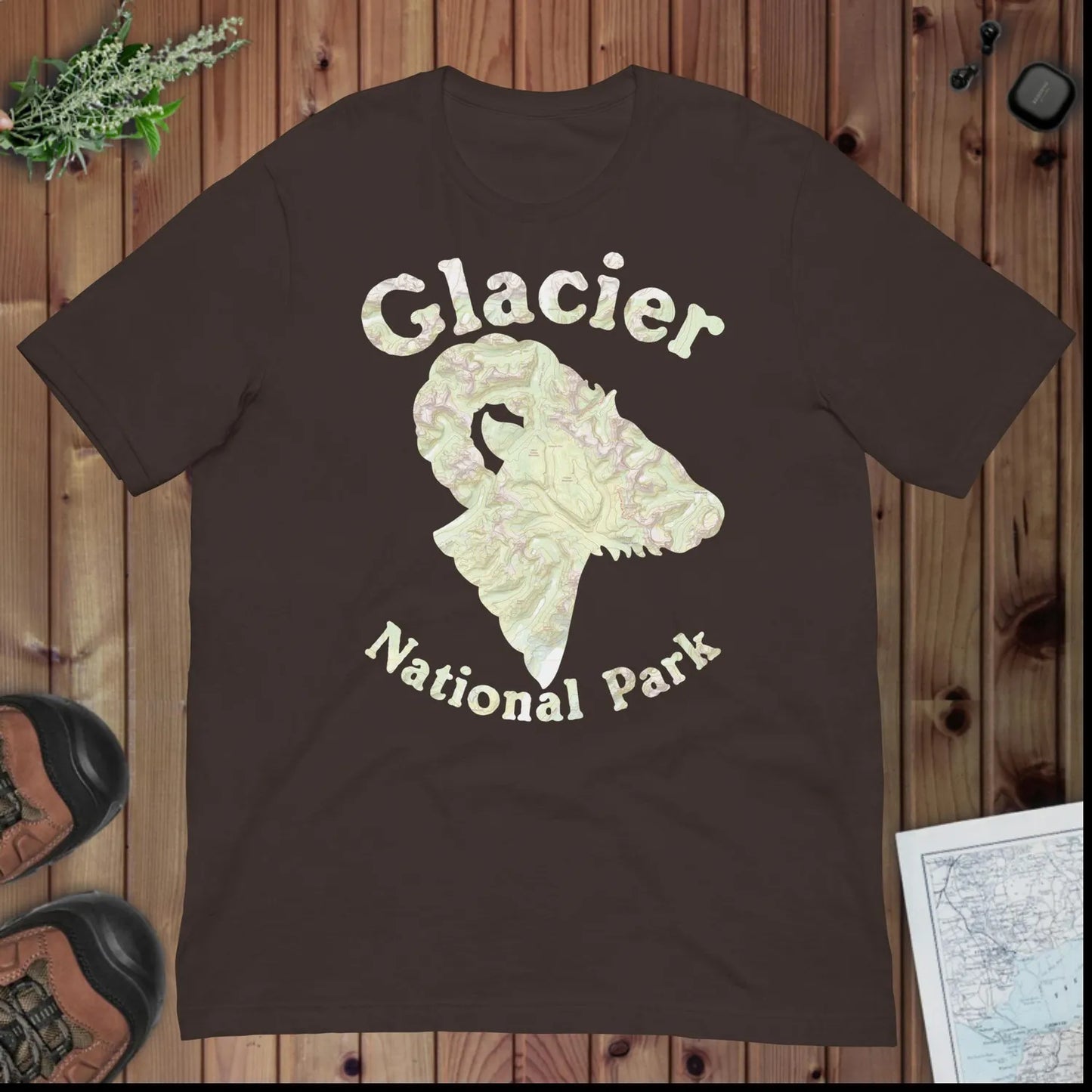 Glacier National Park topo horned sheep t-shirt shown in lifestyle or modeled setting