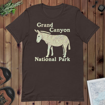 Grand Canyon Mule national park topo t-shirt shown in lifestyle or modeled setting