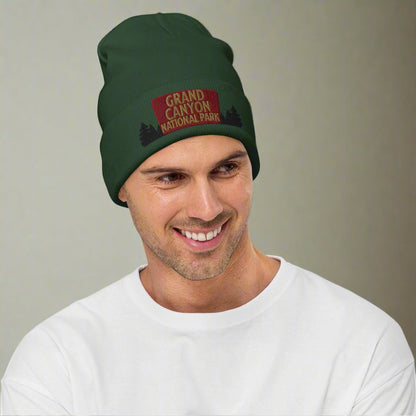 Grand Canyon National Park sign embroidered beanie shown in lifestyle or modeled setting