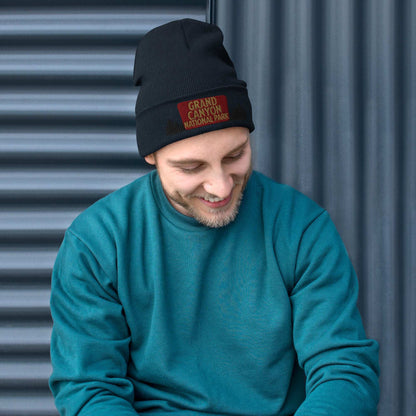Grand Canyon National Park sign embroidered beanie shown in lifestyle or modeled setting