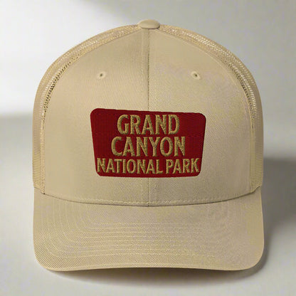 Grand Canyon National Park sign embroidered trucker hat shown from alternate product angle