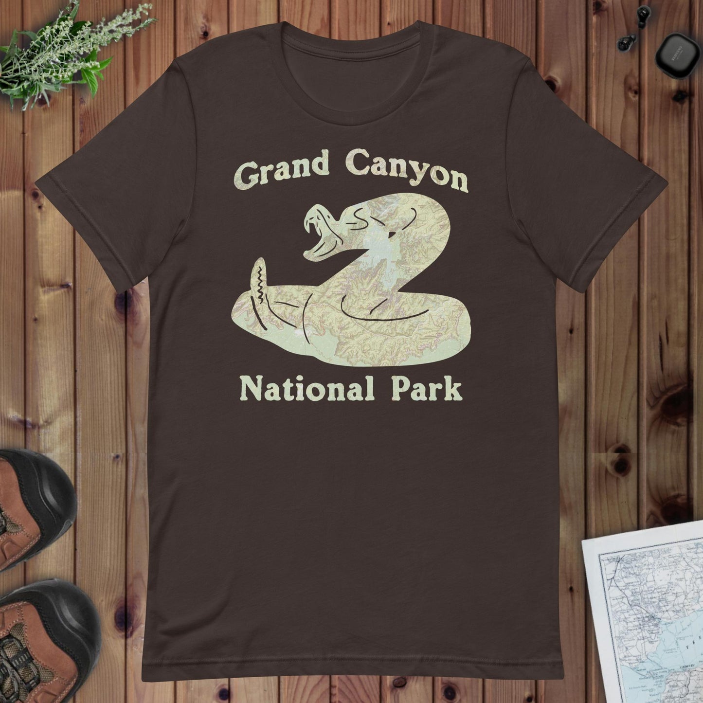 Grand Canyon Rattlesnake national park topo t-shirt shown in lifestyle or modeled setting