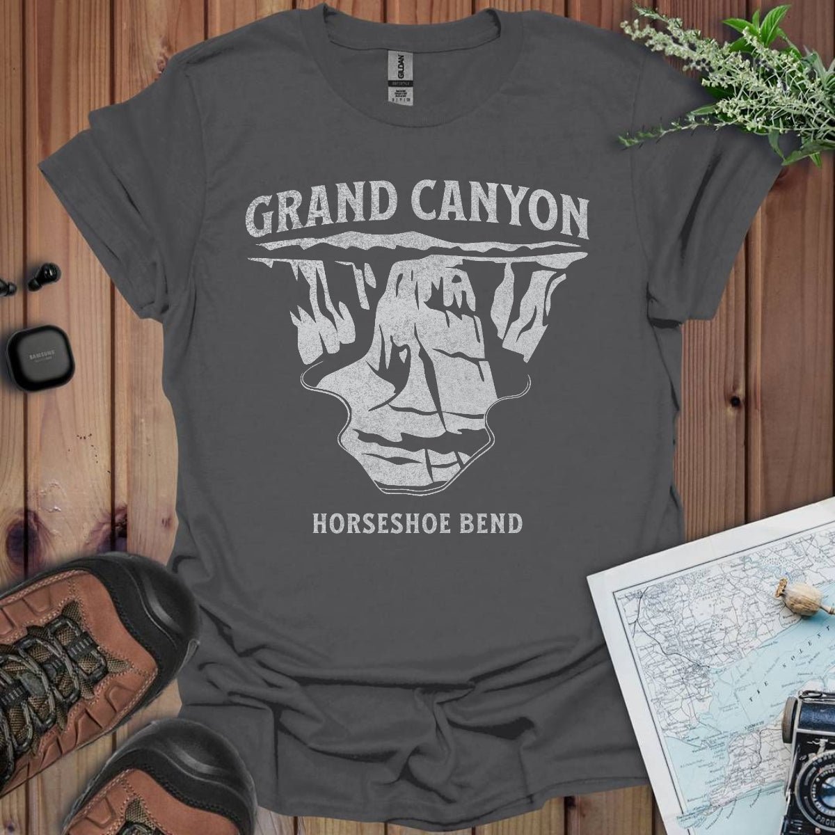 Grand Canyon textured Horseshoe Bend Glen Canyon graphic t-shirt shown from alternate product angle
