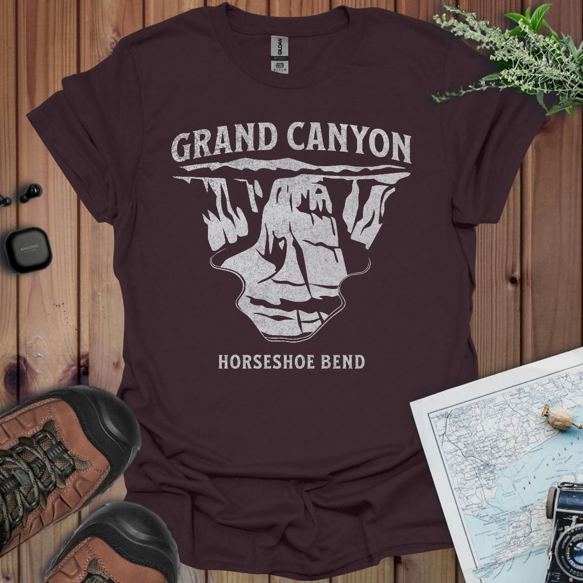Grand Canyon textured Horseshoe Bend Glen Canyon graphic t-shirt shown from alternate product angle