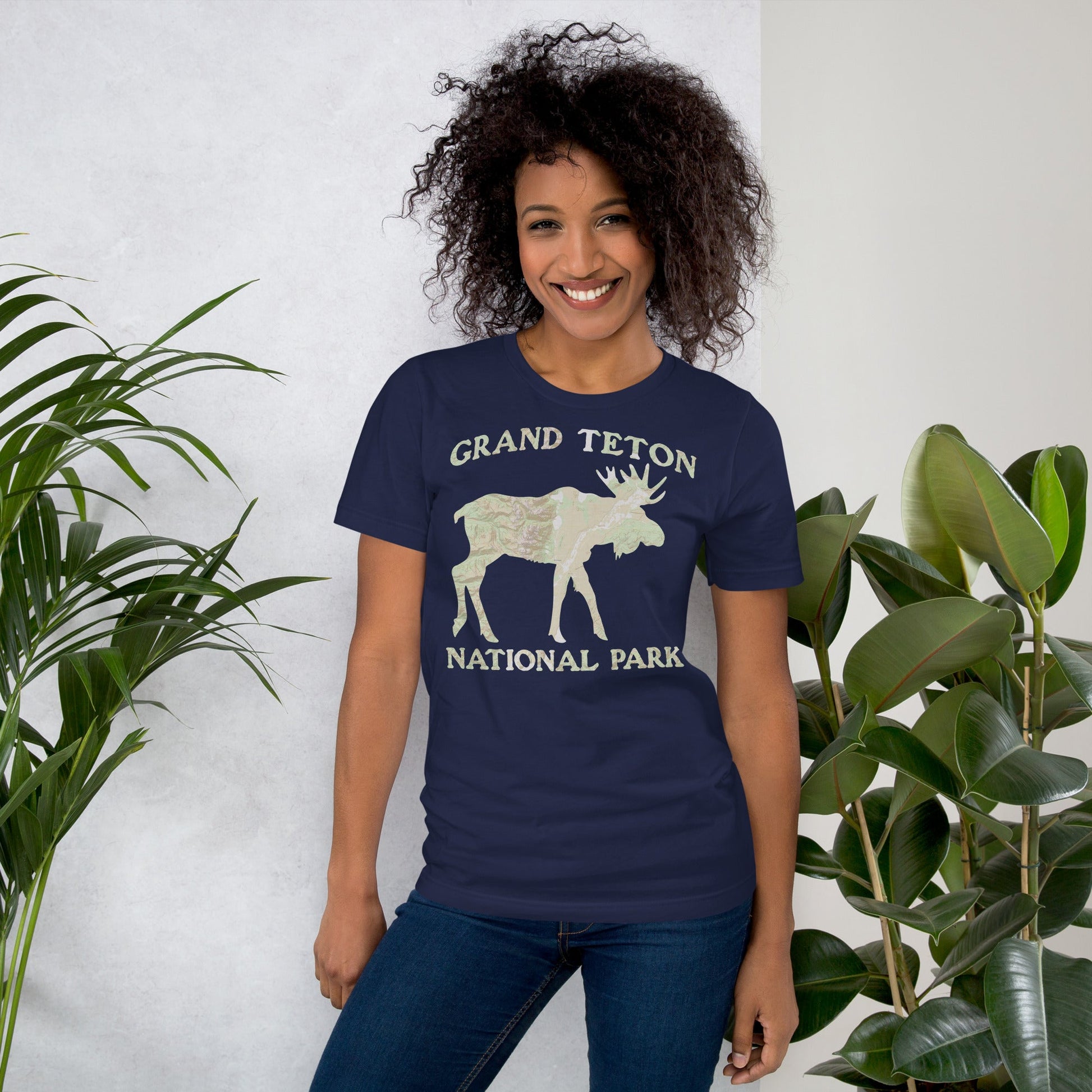 Grand Teton Moose national park topo t-shirt shown in lifestyle or modeled setting
