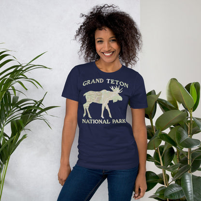 Grand Teton Moose national park topo t-shirt shown in lifestyle or modeled setting