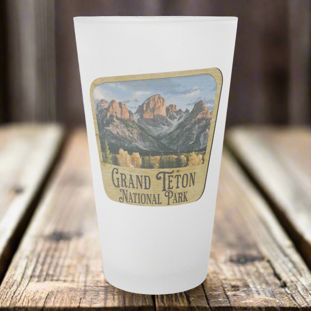 Grand Teton National Park wood sign frosted pint glass shown as primary product image