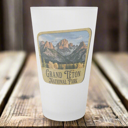 Grand Teton National Park wood sign frosted pint glass shown as primary product image