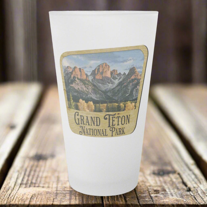 Grand Teton National Park wood sign frosted pint glass shown as primary product image