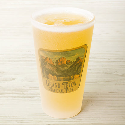 Grand Teton National Park wood sign frosted pint glass shown from alternate product angle