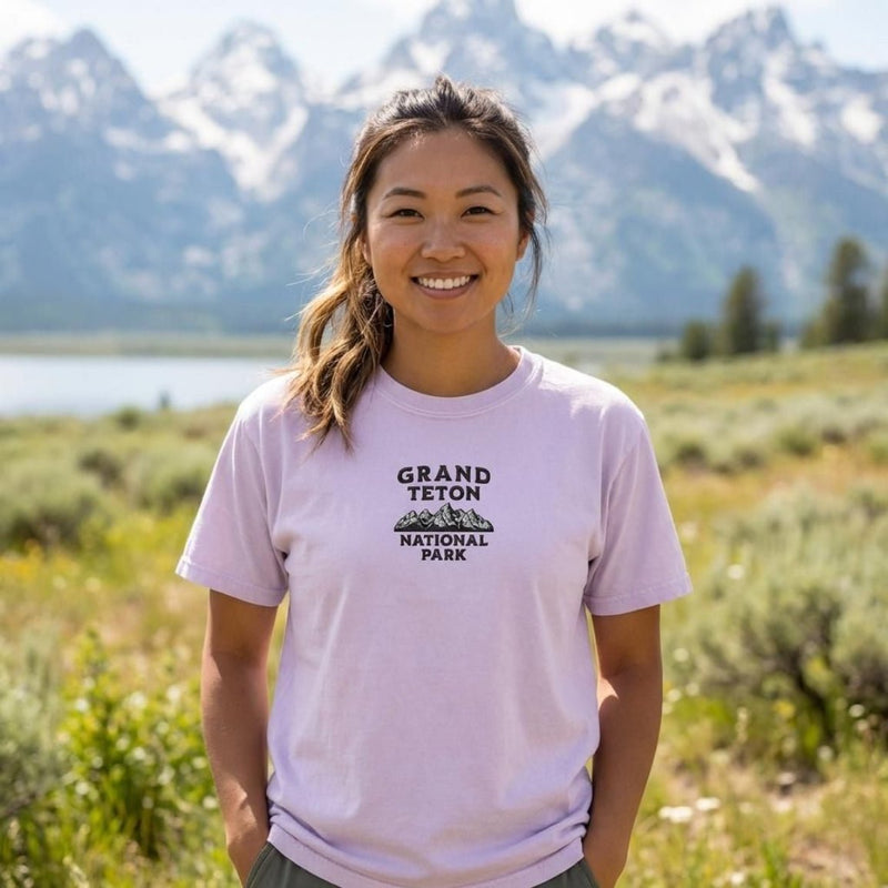 Grand Teton National Park premium embroidered t-shirt shown in lifestyle or modeled setting