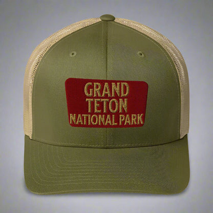 Grand Teton National Park sign embroidered trucker hat detail or alternate product view