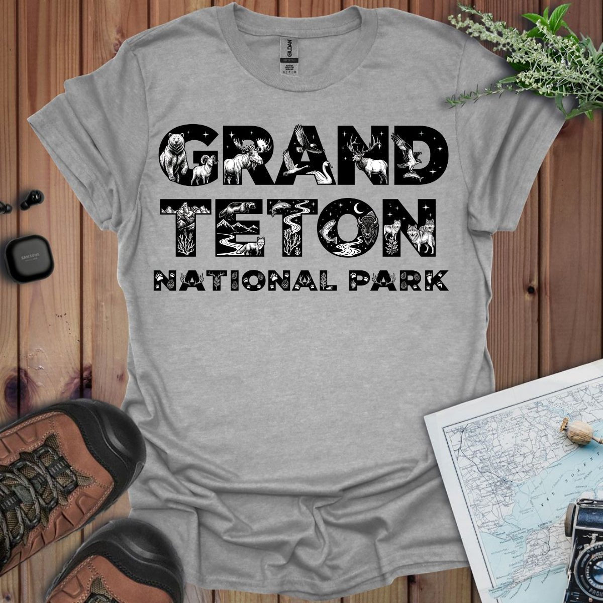 Grand Teton National Park silhouette graphic t-shirt shown in lifestyle or modeled setting
