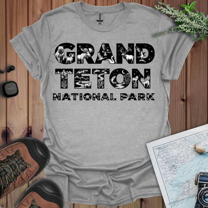 Grand Teton National Park silhouette graphic t-shirt shown in lifestyle or modeled setting