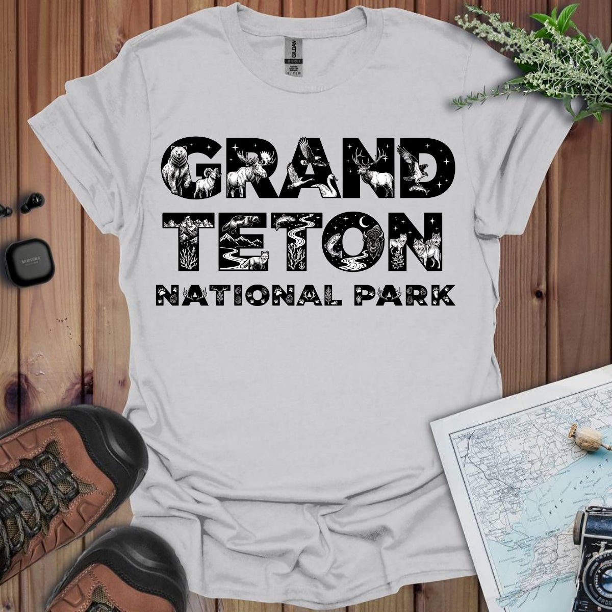 Grand Teton National Park silhouette graphic t-shirt shown in lifestyle or modeled setting