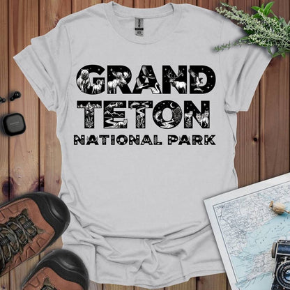 Grand Teton National Park silhouette graphic t-shirt shown in lifestyle or modeled setting