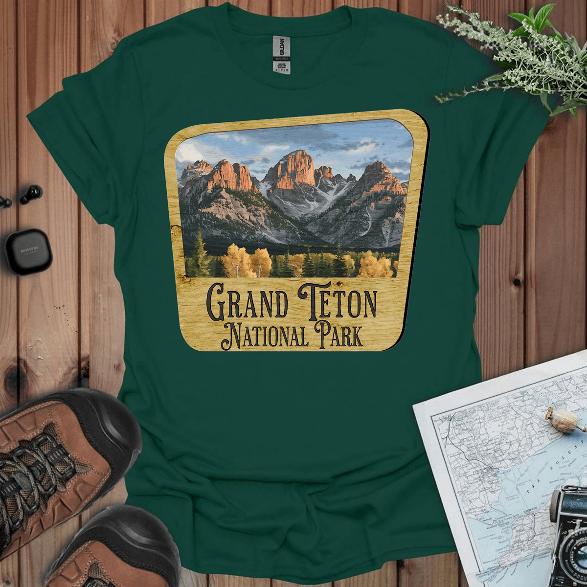 Grand Teton National Park wood sign graphic t-shirt shown in alternate apparel color