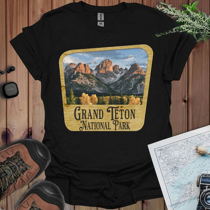 Grand Teton National Park wood sign graphic t-shirt shown in alternate apparel color