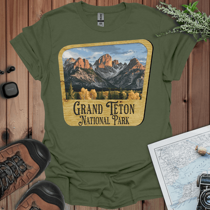 Grand Teton National Park wood sign graphic t-shirt shown in lifestyle or modeled setting