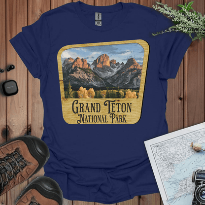 Grand Teton National Park wood sign graphic t-shirt shown in lifestyle or modeled setting
